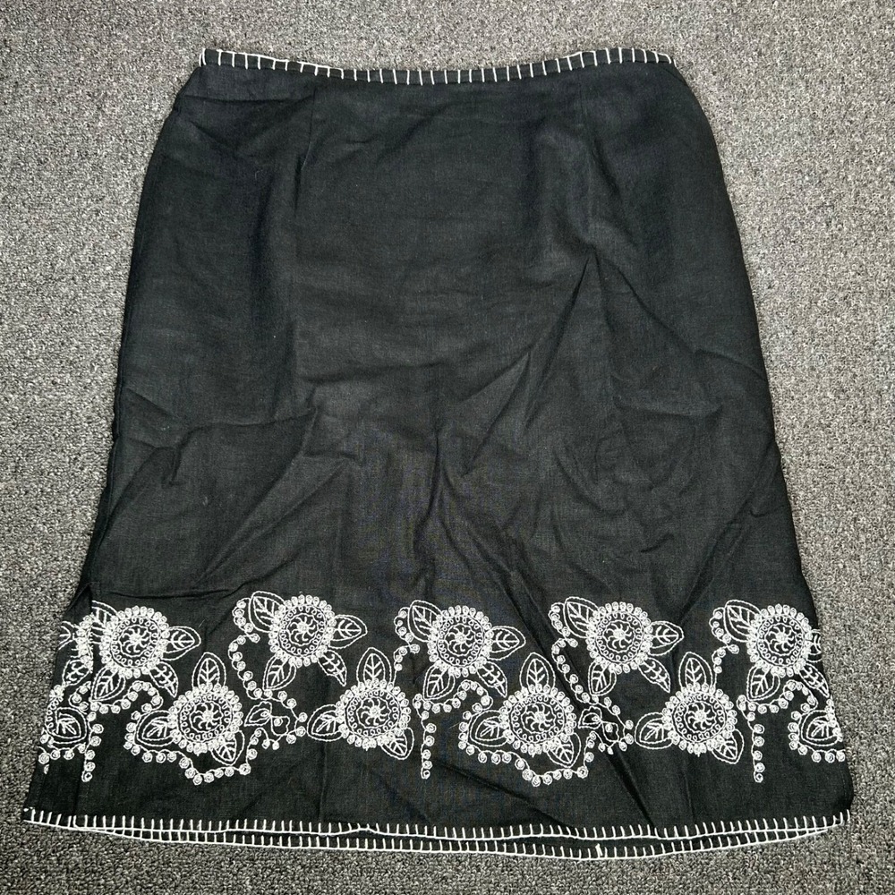 Richard Malcolm 100% Linen‎ Black Skirt White Embroidery Flowers 12 Womens